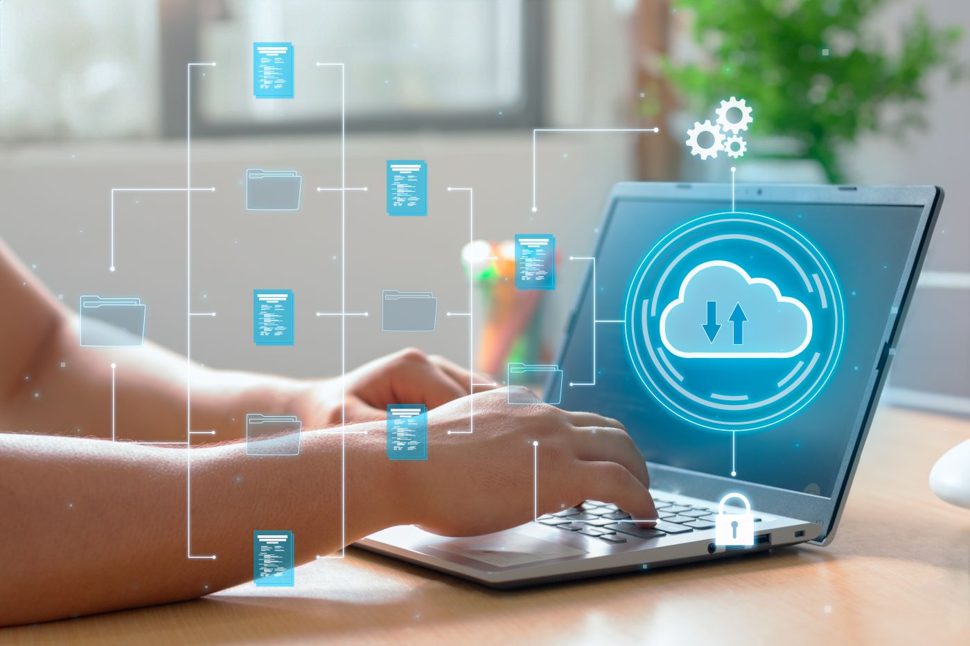 A Man Utilizes Cloud Computing Technology On His Laptop For Data Transmission, Storage, Backup, And Retrieval - Auster Inteligência Contábil